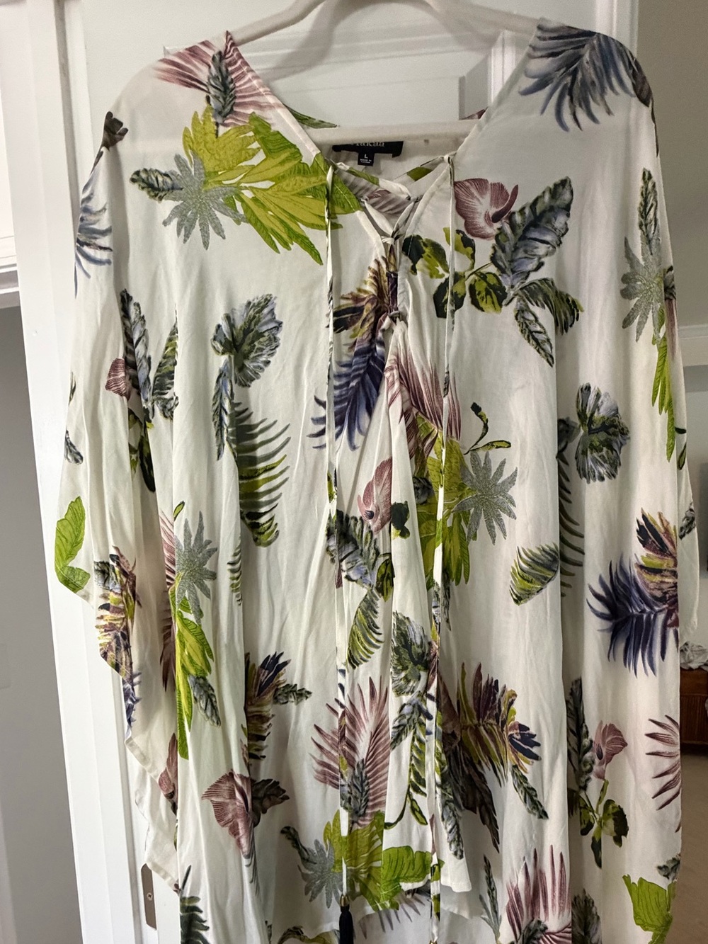 Aakaa White Kimono with Green & Purple Leaf Print
